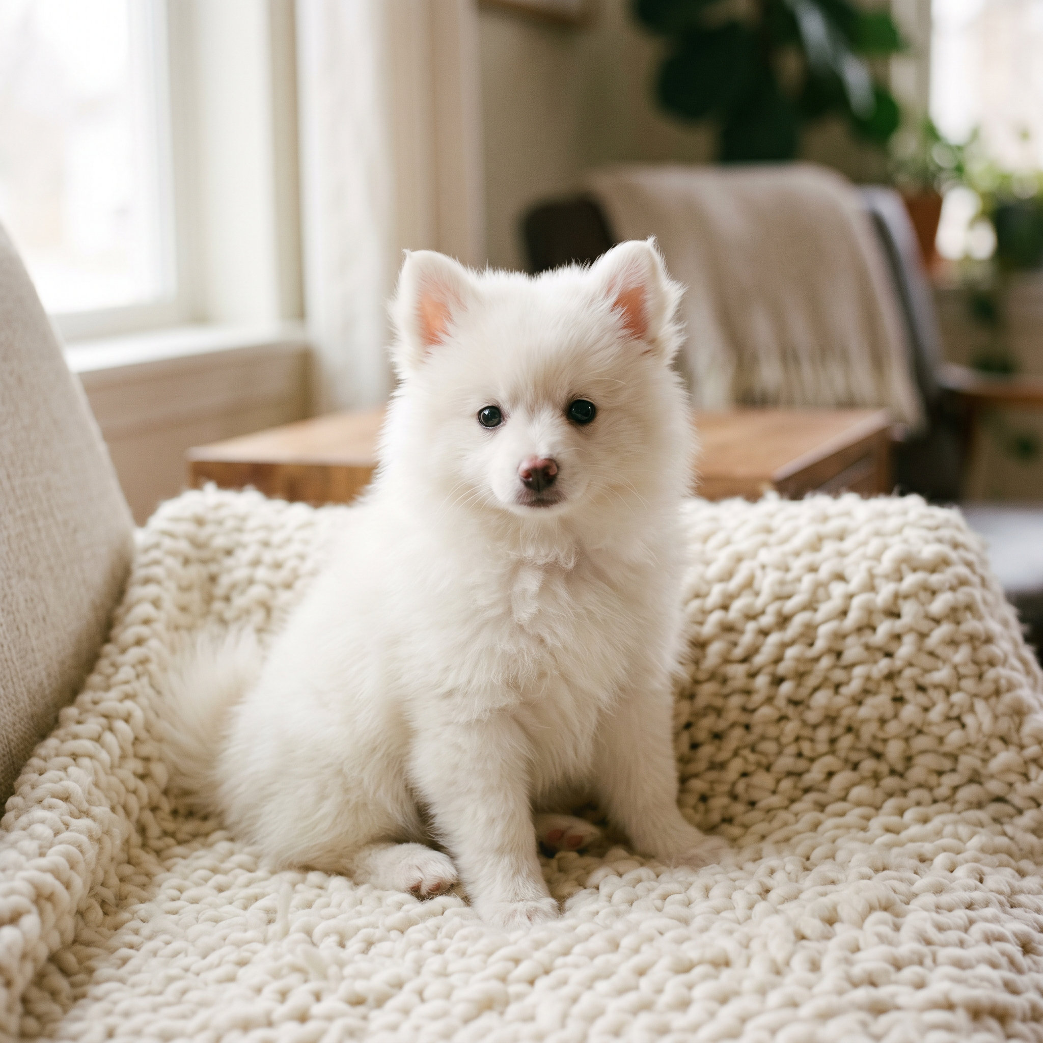 Jeune Spitz blanc posé sur une matière claire