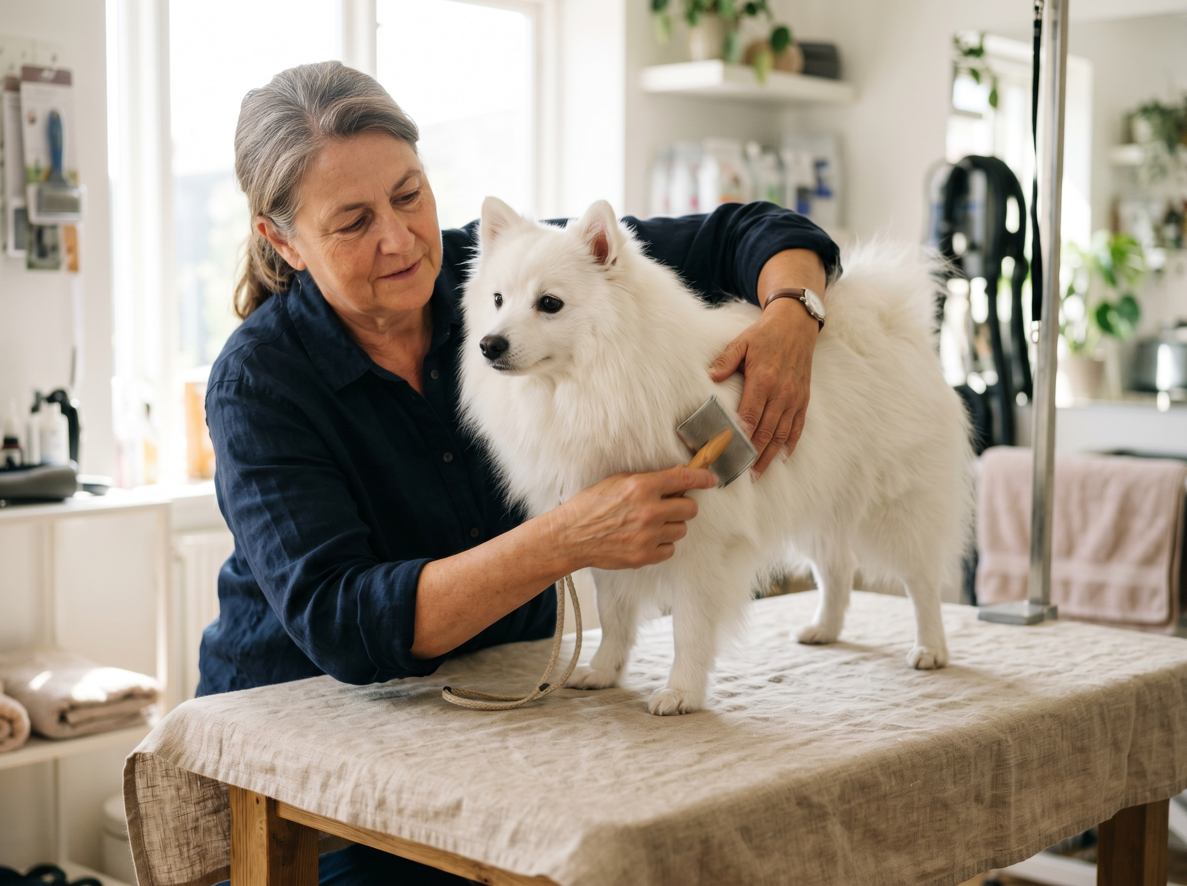 Brossage d’un Spitz blanc sur une table de toilettage en lin