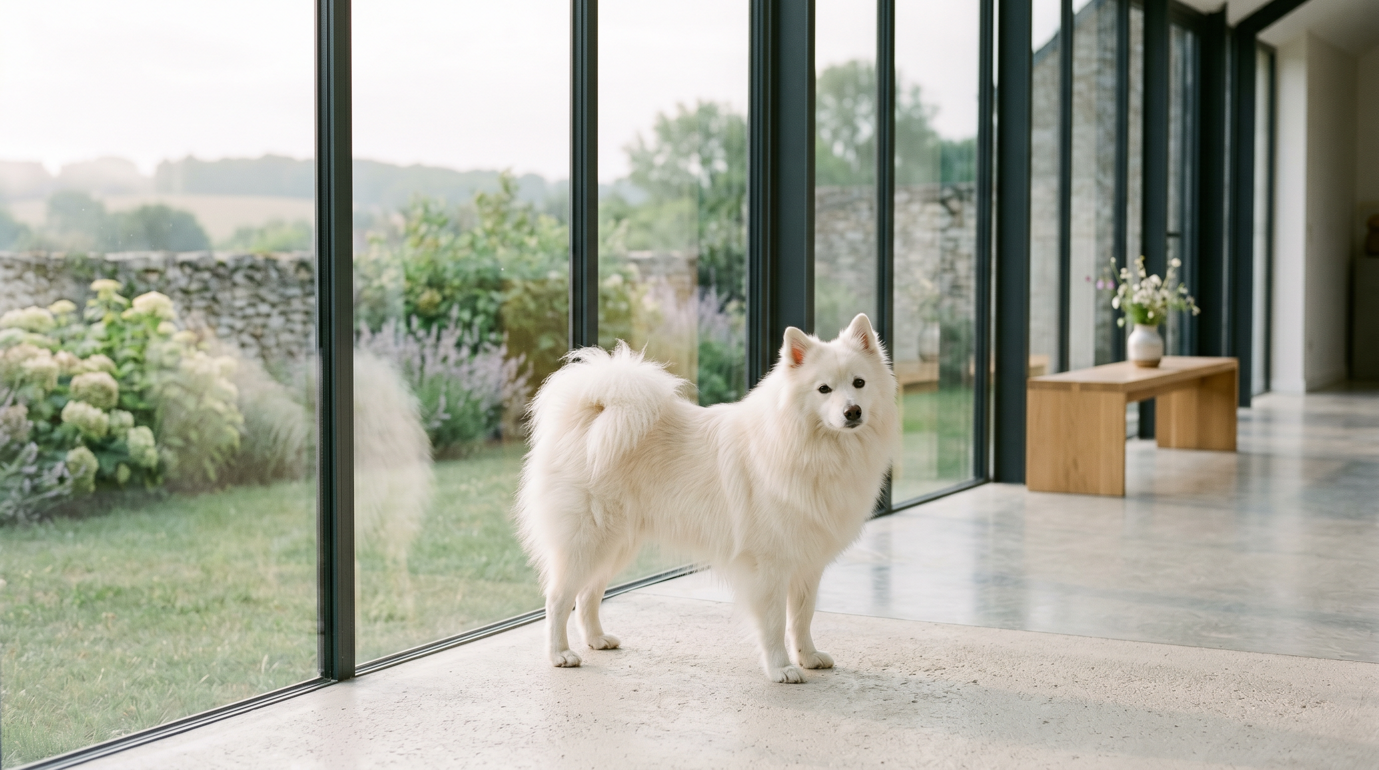Spitz allemand blanc dans la maison vitrée de Maison Nivose