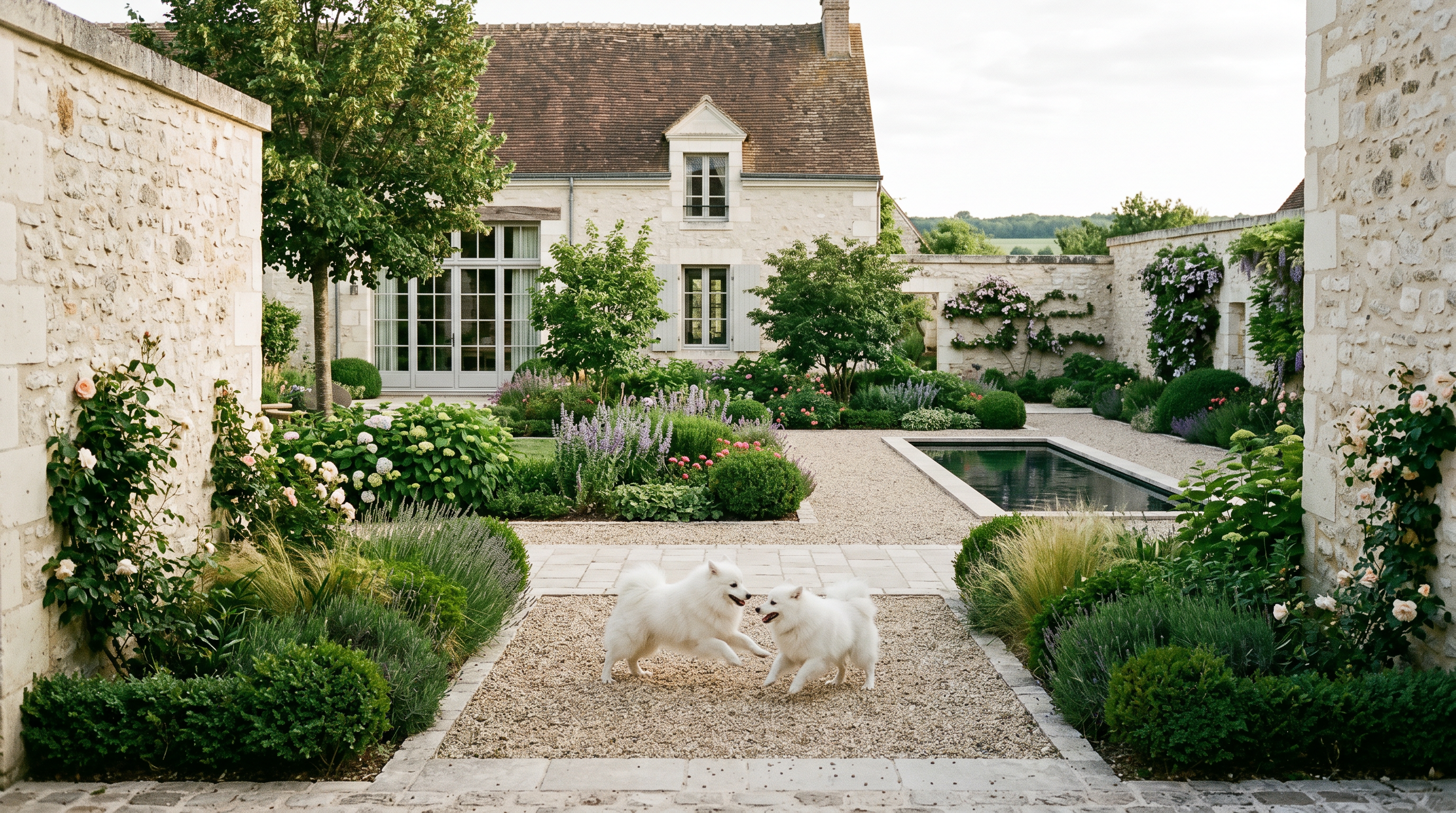 Deux Spitz blancs dans un jardin de pierre en Touraine